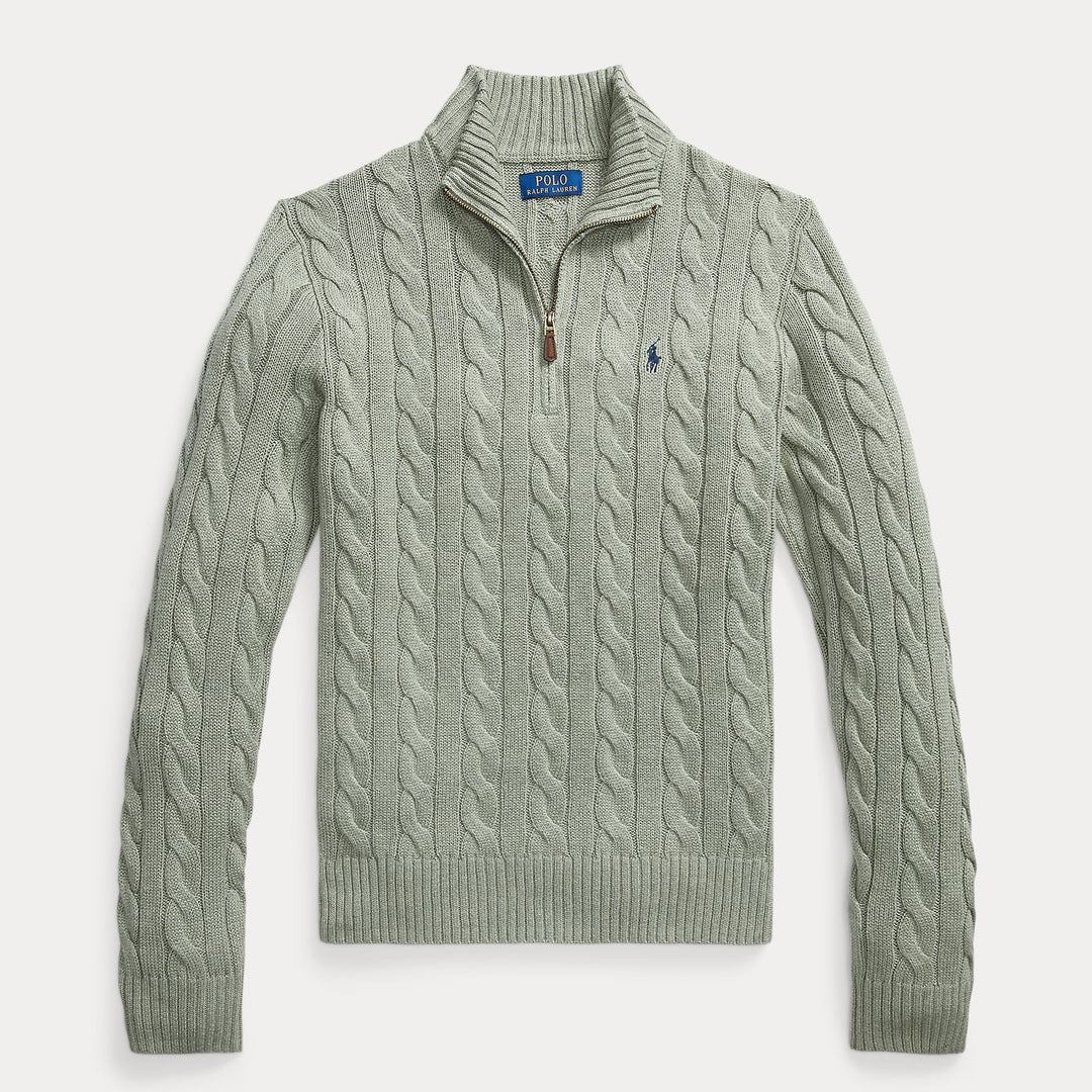 Cable-knit Cotton 1/4 Zip S Green Heather - The Road 1380
