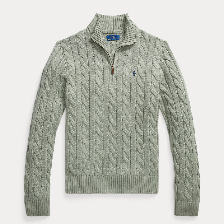 Cable-knit Cotton 1/4 Zip S Green Heather - The Road 1380