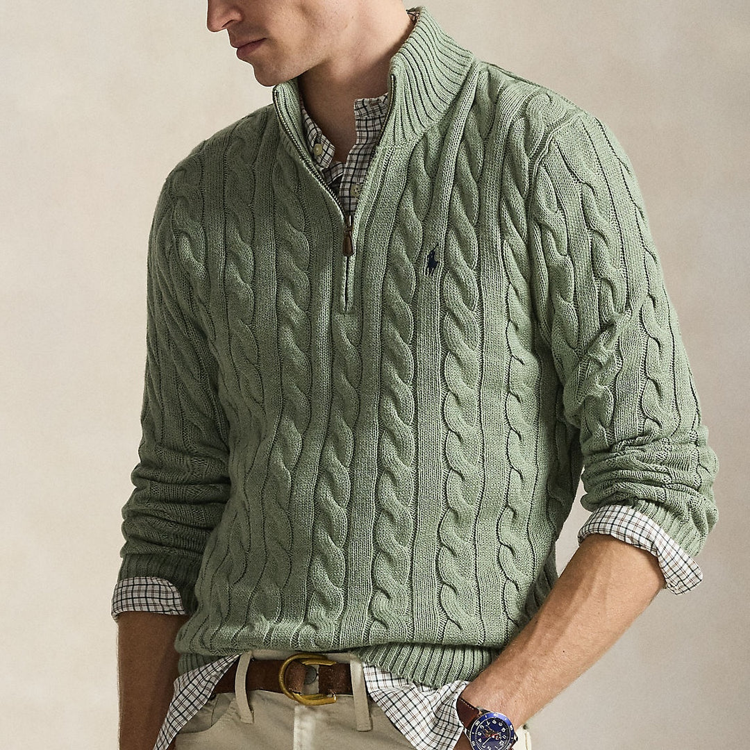 Cable-knit Cotton 1/4 Zip S Green Heather - The Road 1380