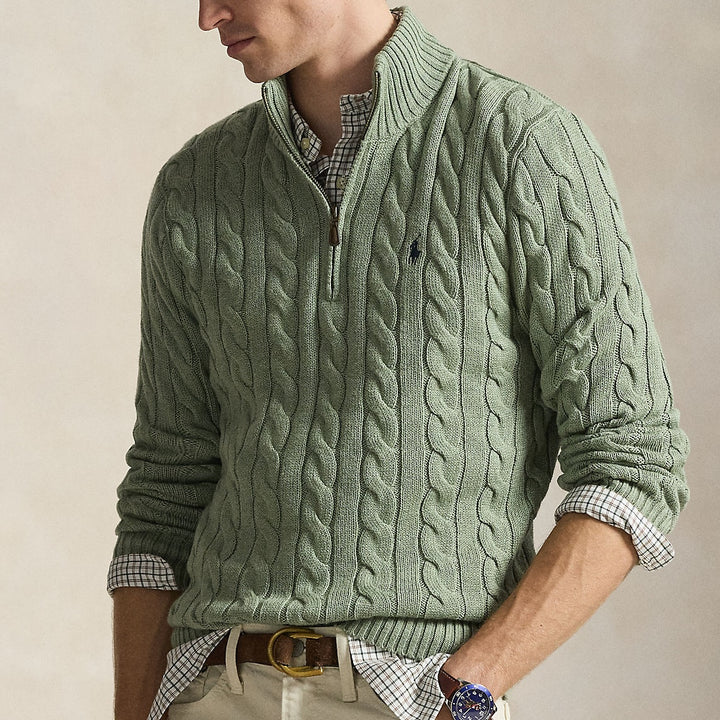 Cable-knit Cotton 1/4 Zip S Green Heather - The Road 1380