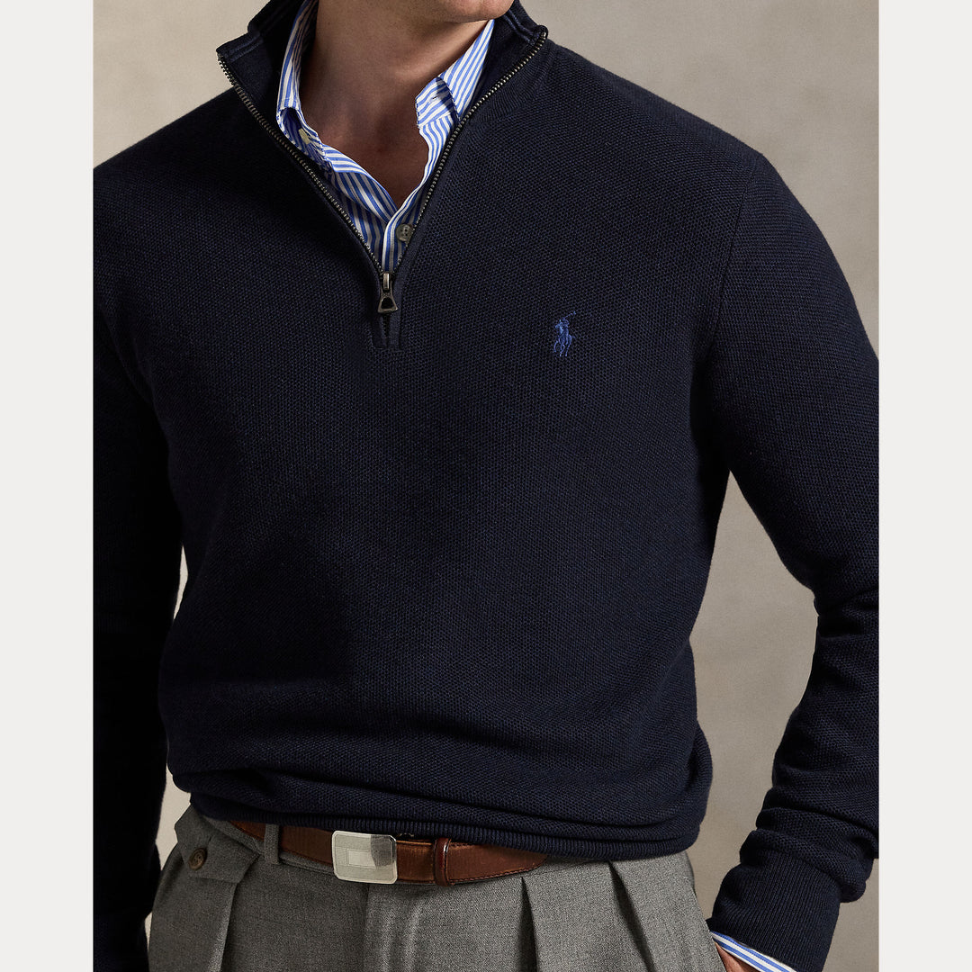 Mesh-knit Cotton Quarter-zip Swe Navy Htr - The Road 1380