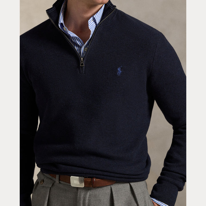 Mesh-knit Cotton Quarter-zip Swe Navy Htr - The Road 1380