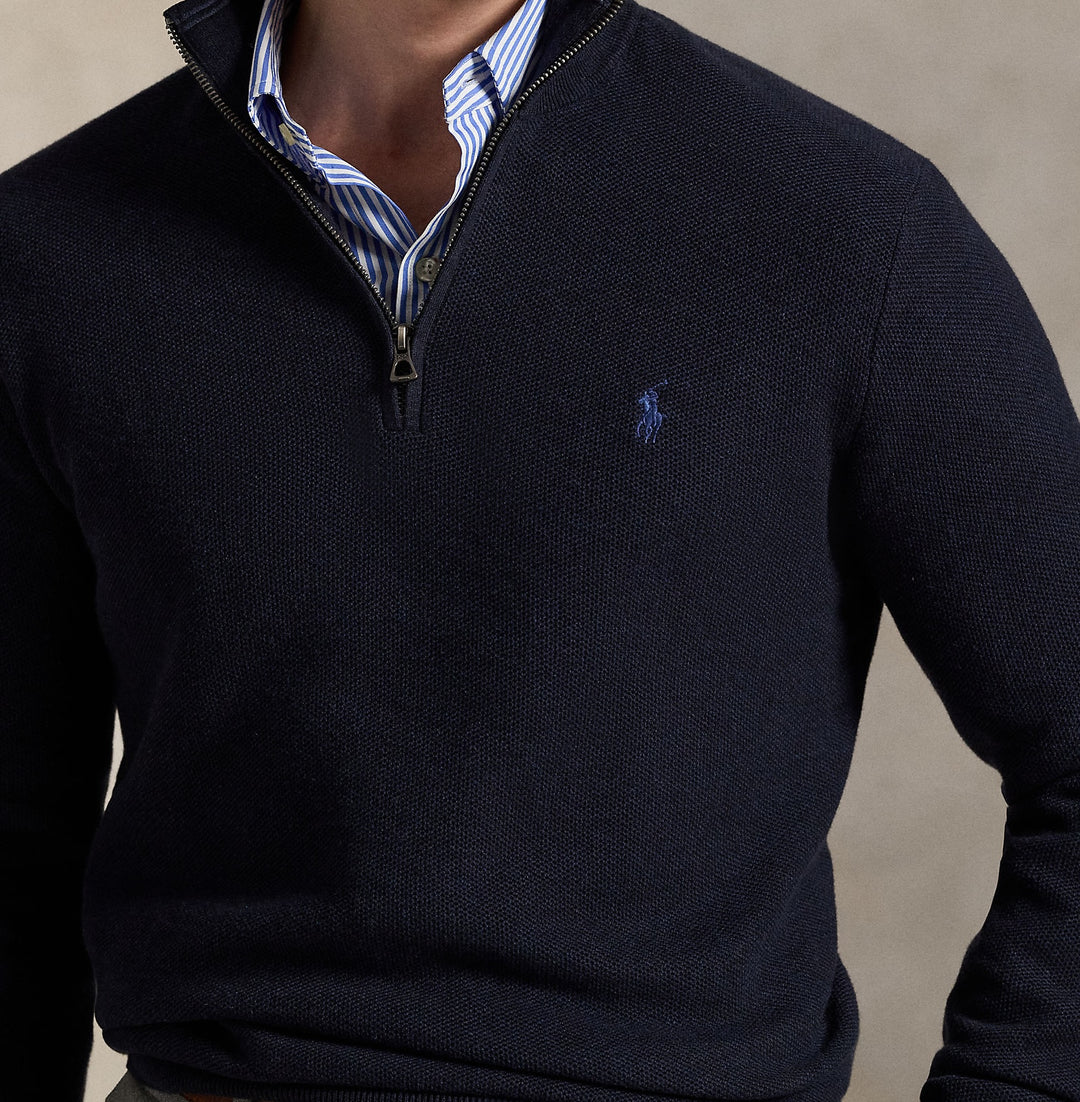 Mesh-knit Cotton Quarter-zip Swea Navy Htr - The Road 1380