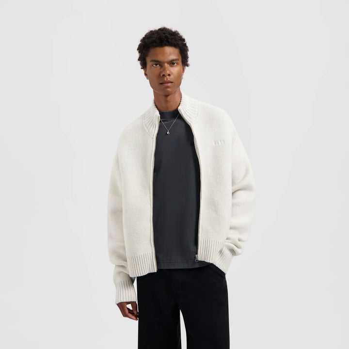 Zip Through Knitted Mock Neck Off-white