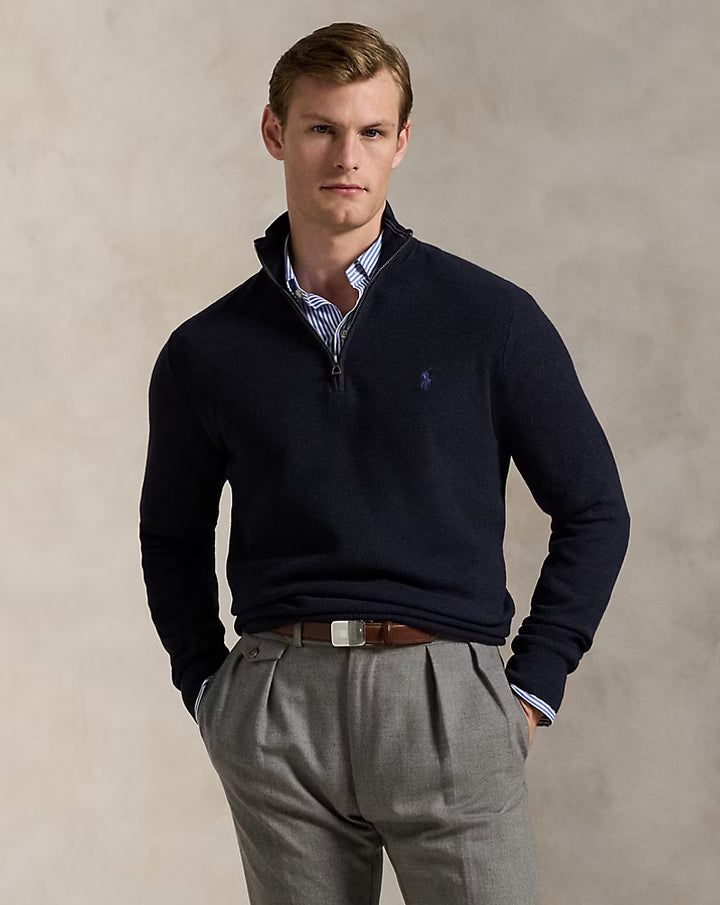 Mesh-knit Cotton Quarter-zip Swe Navy Htr - The Road 1380