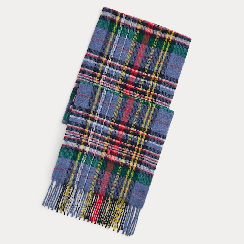 Plaid Fringe Wool Scarf Blue Multi
