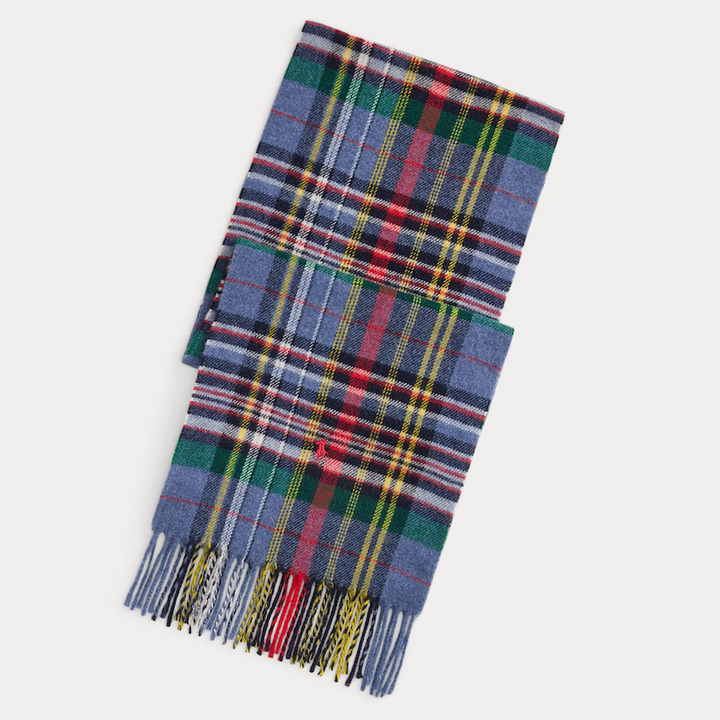 Plaid Fringe Wool Scarf Blue Multi