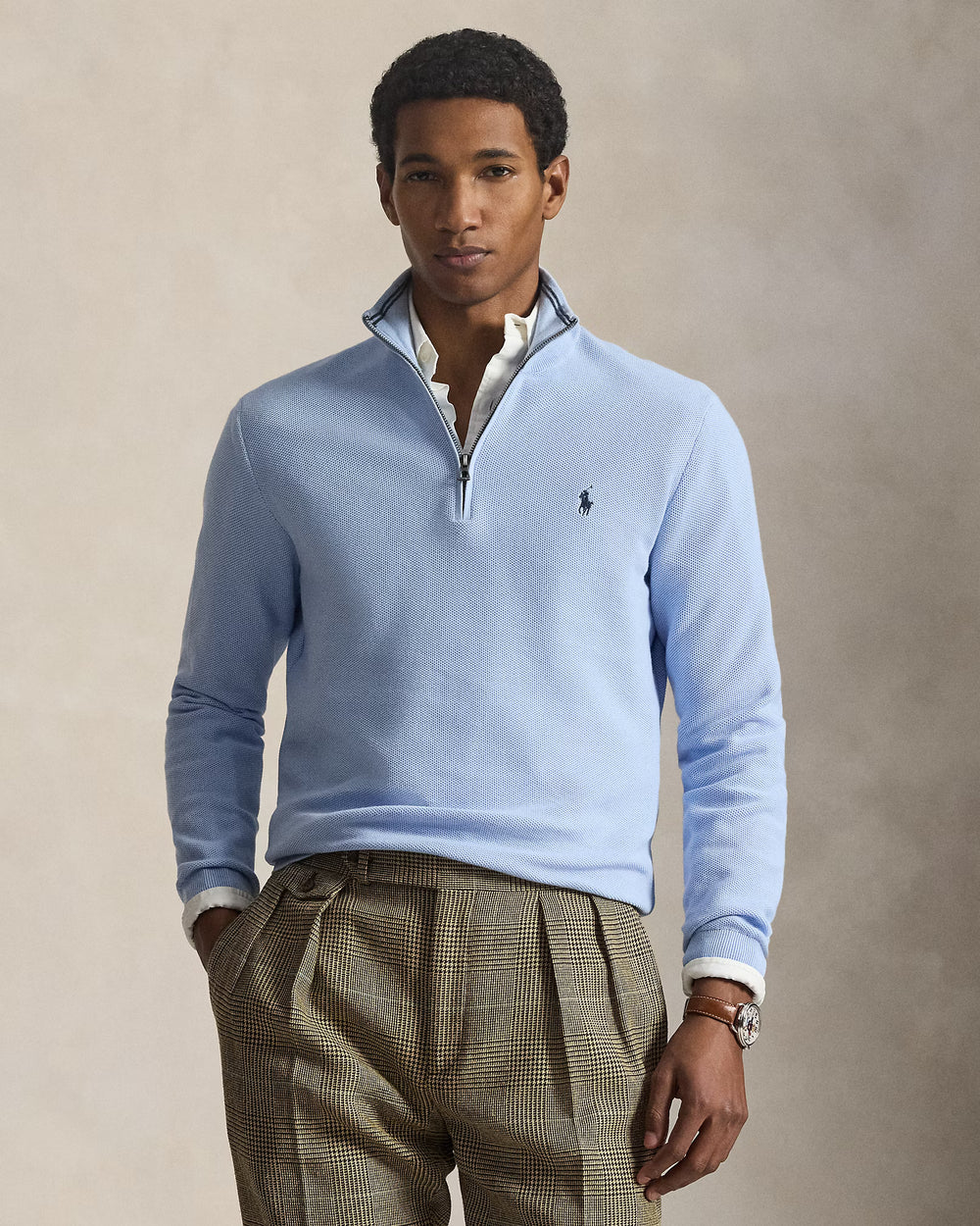 Mesh-knit Cotton Quarter-zip Office Blue - The Road 1380