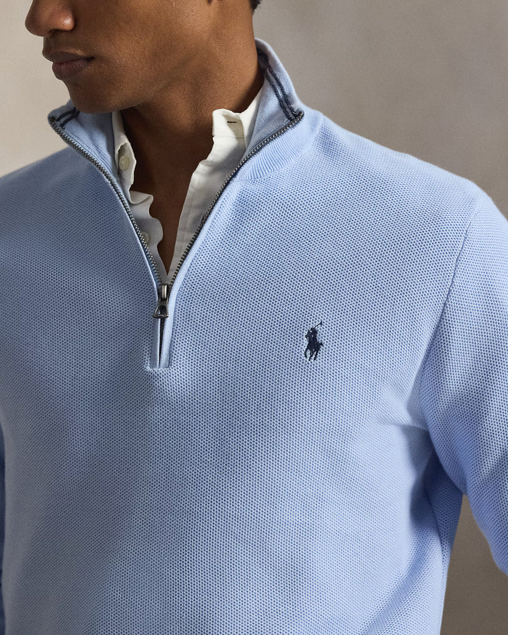 Mesh-knit Cotton Quarter-zip Office Blue - The Road 1380