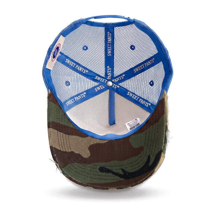 Casquette trucker Sweet Pants Home Run Cap Azure, vue de dessous, doublure et visière camouflage