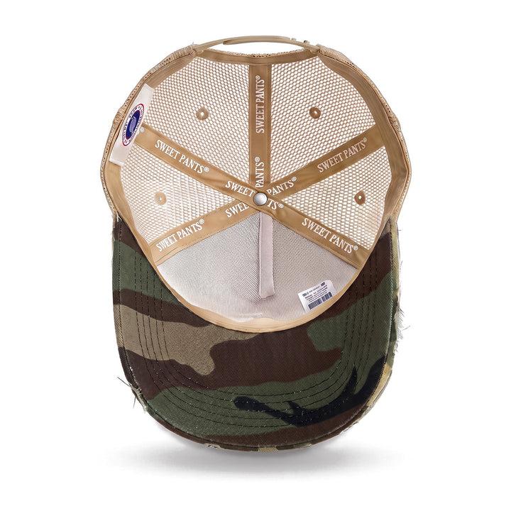 Casquette trucker Sweet Pants Home Run Cap Kaki, vue de dessous, doublure et visière camouflage