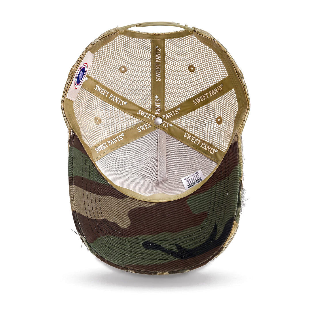 Casquette trucker Sweet Pants Home Run Cap Sage, vue de dessous, doublure et visière camouflage