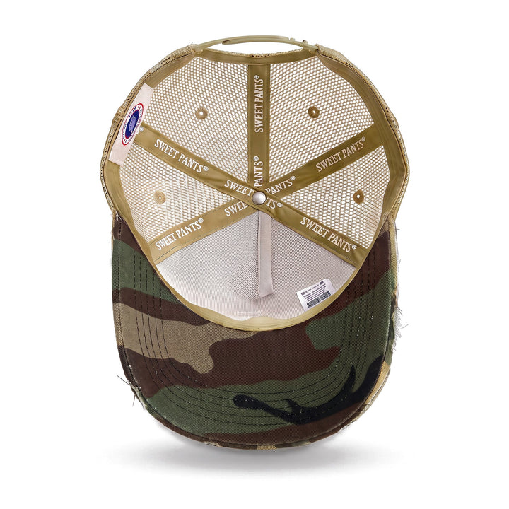 Casquette trucker Sweet Pants Home Run Cap Sage, vue de dessous, doublure et visière camouflage